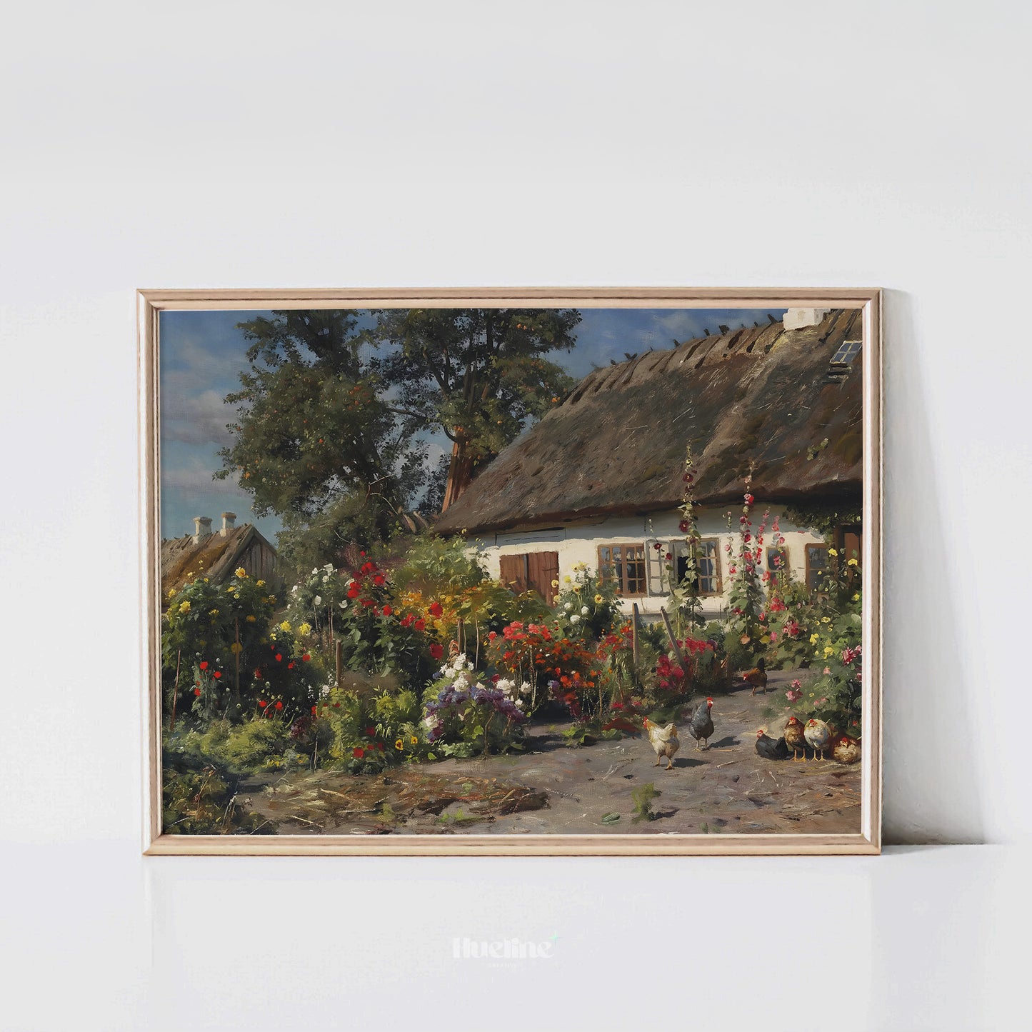 Vintage Cottage Garden Art Print – Floral Farmhouse Scene with Chickens and Thatch Roof House – Country Wall Decor for Rustic Interiors - L1046