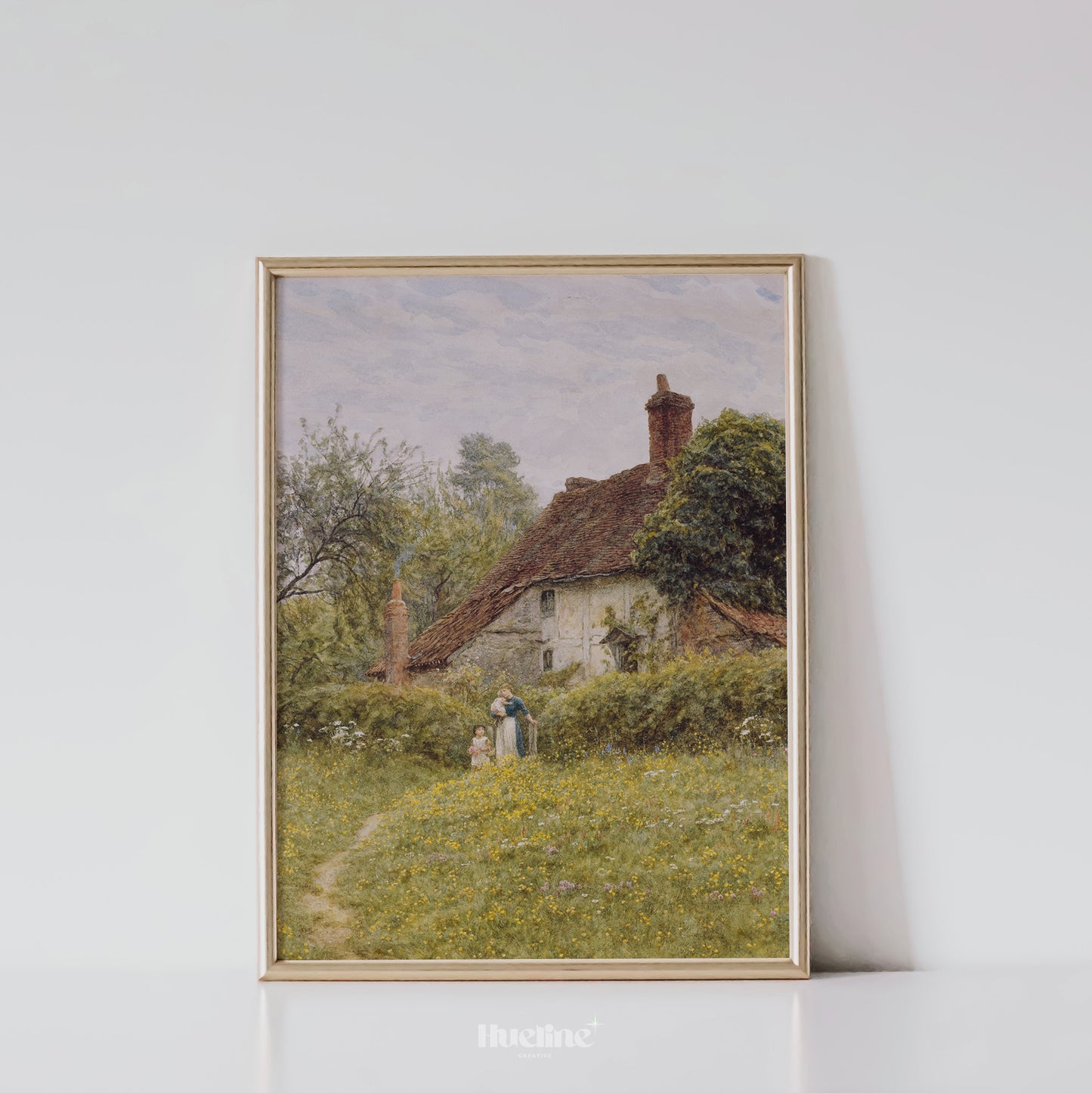 Vintage Cottage Landscape Art - English Countryside Painting in Gold Frame - Rustic Cottagecore Wall Decor - Pastoral Scene Artwork - L1027