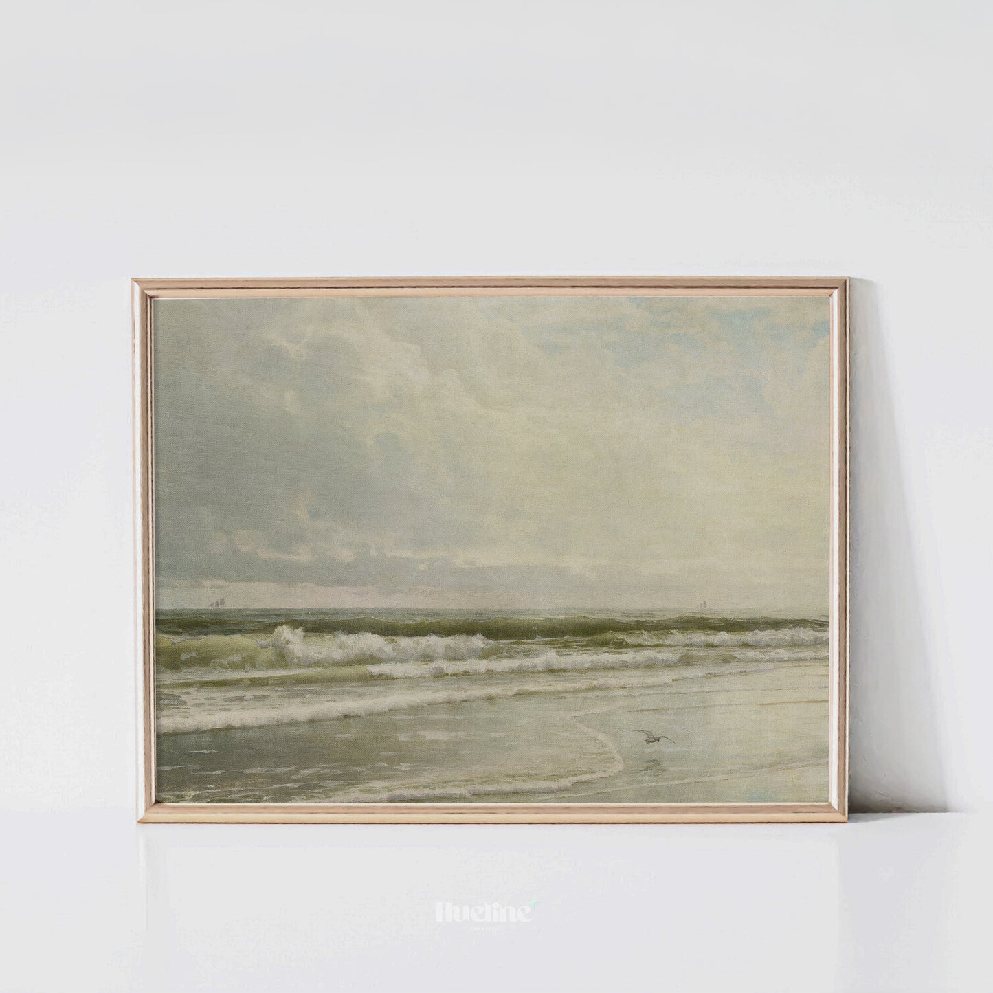Vintage Ocean Shoreline Print, Calm Coastal Wall Art, Neutral Beach Seascape Painting - L1090