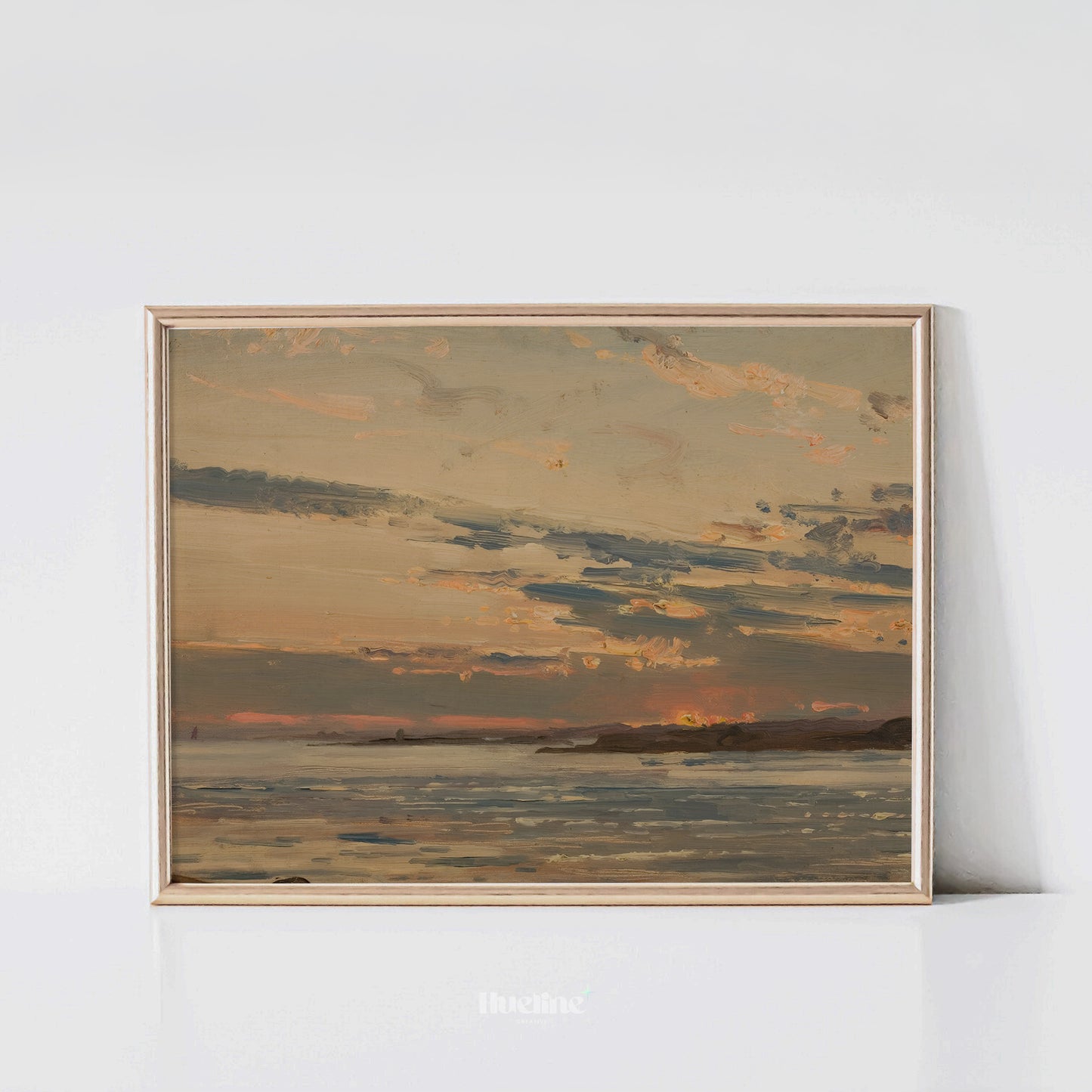 Golden Sunset Seascape Art Print – Warm Coastal Horizon Painting – Tranquil Evening Sky Wall Decor – Impressionist Seaside Landscape – Gift for Nature Lovers - L1074