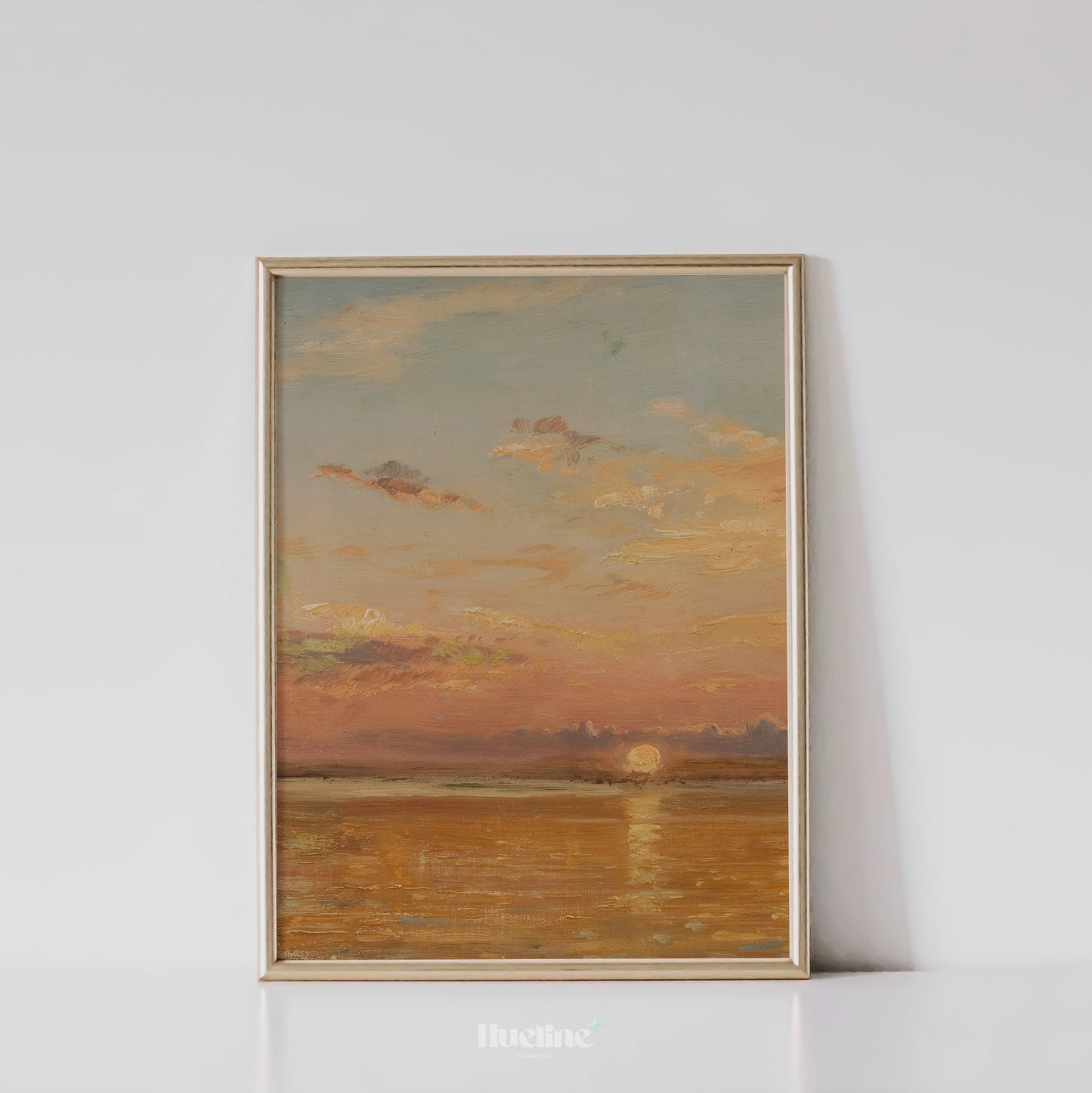 Sunset Seascape Art Print, Vintage Ocean Horizon Wall Art, Warm Pastel Coastal Painting - L1089