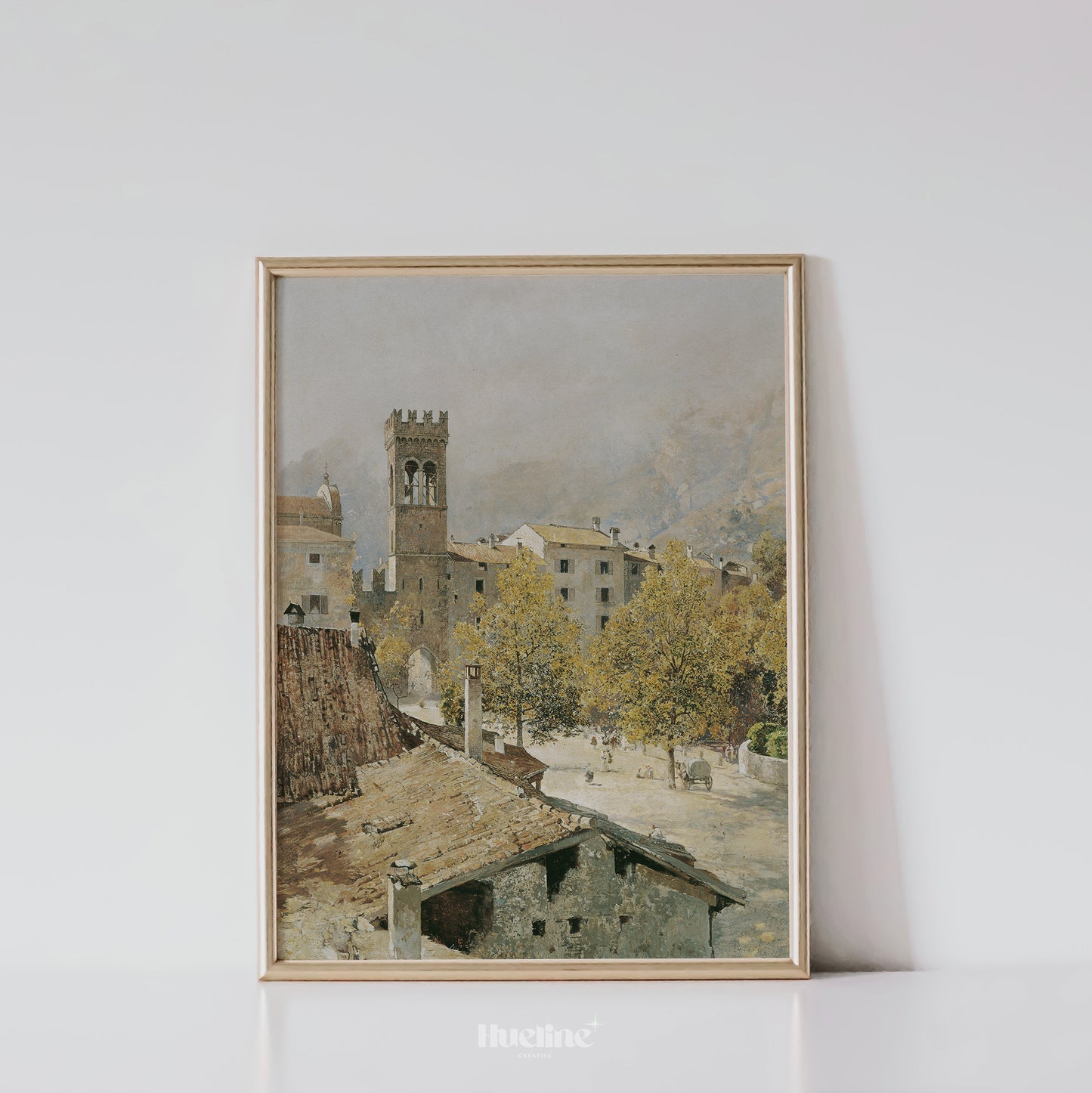 Vintage European Cityscape Art Print – Historic Old Town Scene with Tower and Autumn Trees – Rustic Wall Art for Classic Home Decor - L1039