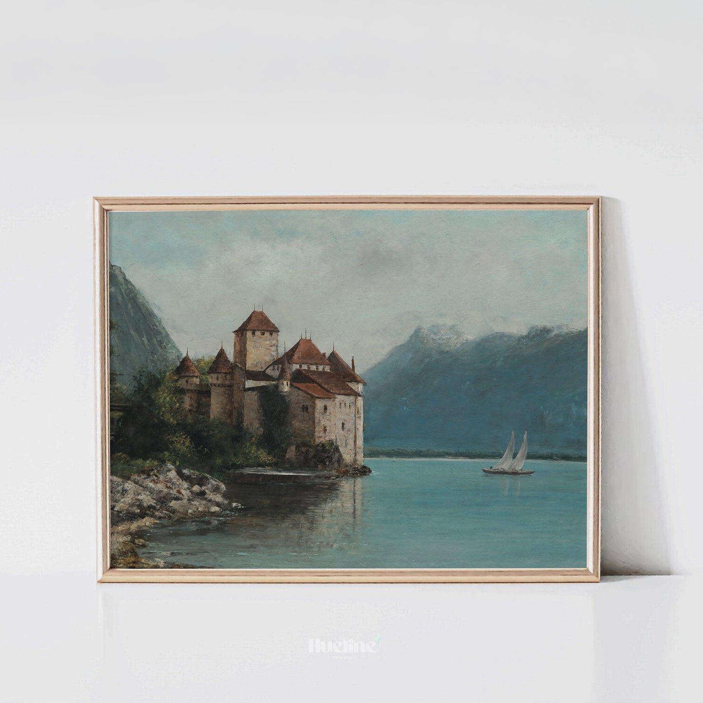 Vintage Castle Wall Art | Lake and Mountain Landscape Painting Print - L1108