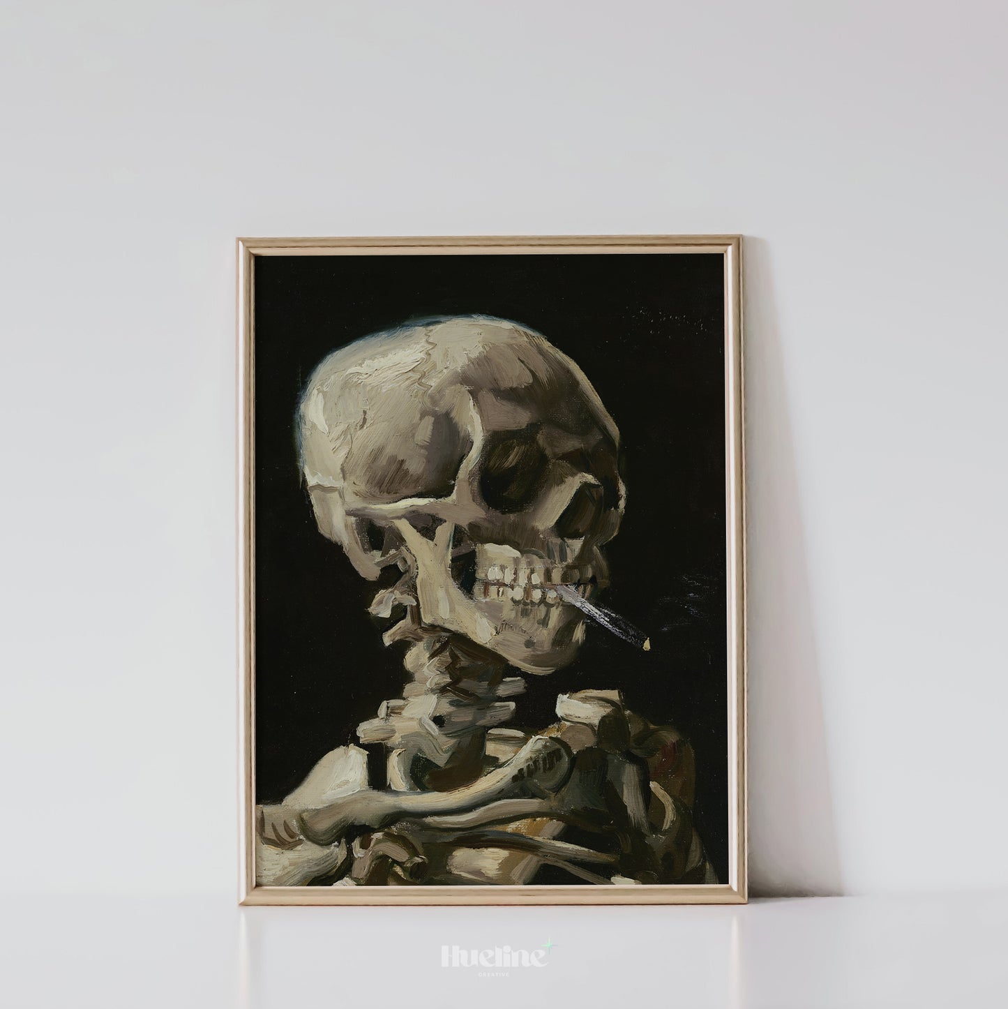 Vintage Skeleton Smoking Print, Dark Academia Wall Art, Skull Painting Poster for Gothic Decor - L1095