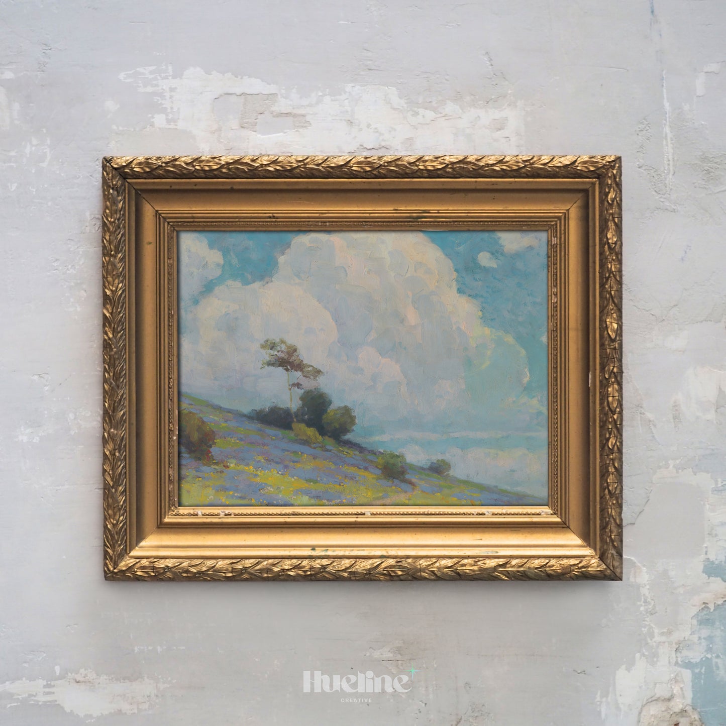 Vintage Landscape Wall Art | Cloudy Sky and Meadow Hill Painting Print - L1107