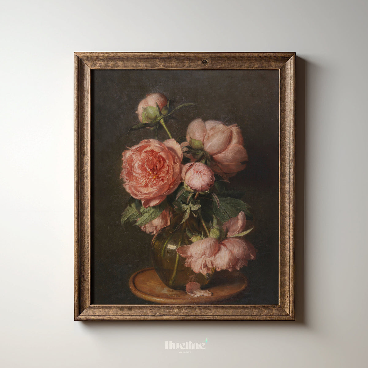 Vintage pink peony still life print for a bedroom