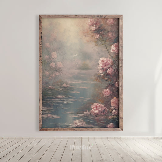Romantic Retreat: Vintage Lake Surrounded by Roses Oil Painting, Home Decor Timeless Art - L1013