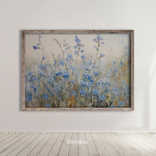 Vintage Blue Meadow Flowers Oil Painting Digital Art, Serene Nature Inspired Home Decor, Fall Decor, Blue Flowers - L1016