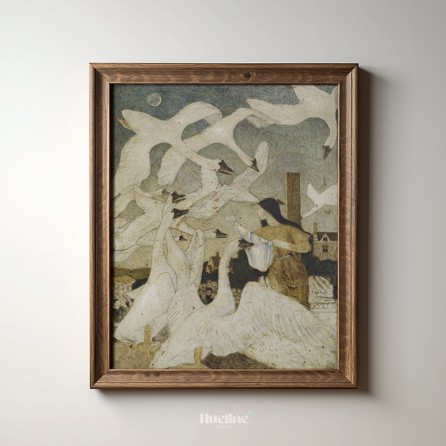 Swan Girl Painting - Vintage-Inspired Surreal Wall Art - Mystical Birds and Woman Print - Dreamlike Ethereal Decor - L1033