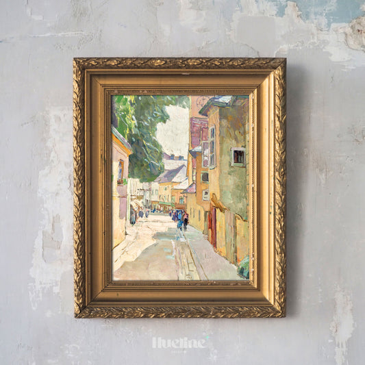 Vintage European Street Scene Painting - Impressionist Cityscape Wall Art - Old Town Architecture Print - Urban Pastel Decor - L1032