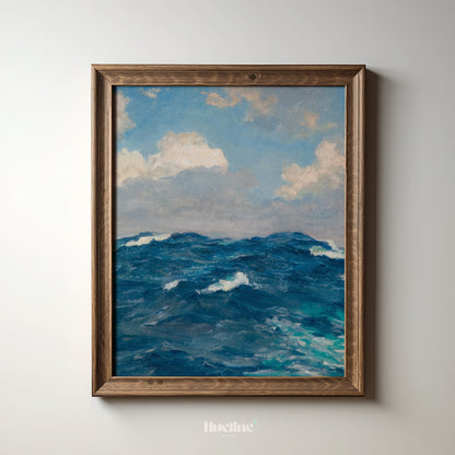 Ocean Wave Art Print Seascape - Wall Art Coastal Painting Poster - Blue Sea Artwork Vintage Beach House Decor - L1035