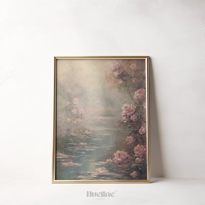 Romantic Retreat: Vintage Lake Surrounded by Roses Oil Painting, Home Decor Timeless Art - L1013