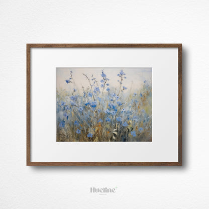 Vintage Blue Meadow Flowers Oil Painting Digital Art, Serene Nature Inspired Home Decor, Fall Decor, Blue Flowers - L1016