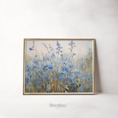 Vintage Blue Meadow Flowers Oil Painting Digital Art, Serene Nature Inspired Home Decor, Fall Decor, Blue Flowers - L1016