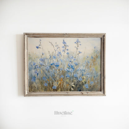 Vintage Blue Meadow Flowers Oil Painting Digital Art, Serene Nature Inspired Home Decor, Fall Decor, Blue Flowers - L1016