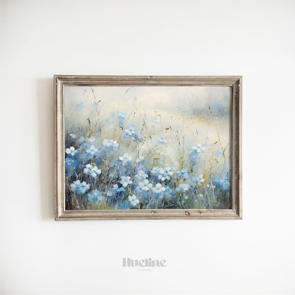 Vintage Blue Flower Meadow Oil Painting Digital Art, Serene Nature Inspired Home Decor, Fall Decor, Blue Flowers - L1002