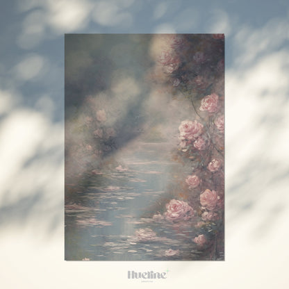 Romantic Retreat: Vintage Lake Surrounded by Roses Oil Painting, Home Decor Timeless Art - L1013