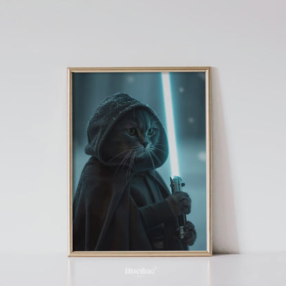 Custom Pet Portrait from Photo, Warrior Pet Galactic Defender with Blue Saber Wall Art Funny Pet Birthday Gift Personalized Gift for Dad