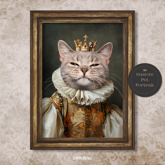 Custom Renaissance Pet Portrait: Regal Pet Art with Crown, Digital, Canvas or Poster