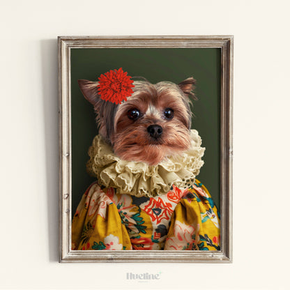 Custom Pet Portrait: Vintage Floral Dress, Ruffle Collar, Whimsical Dog Art