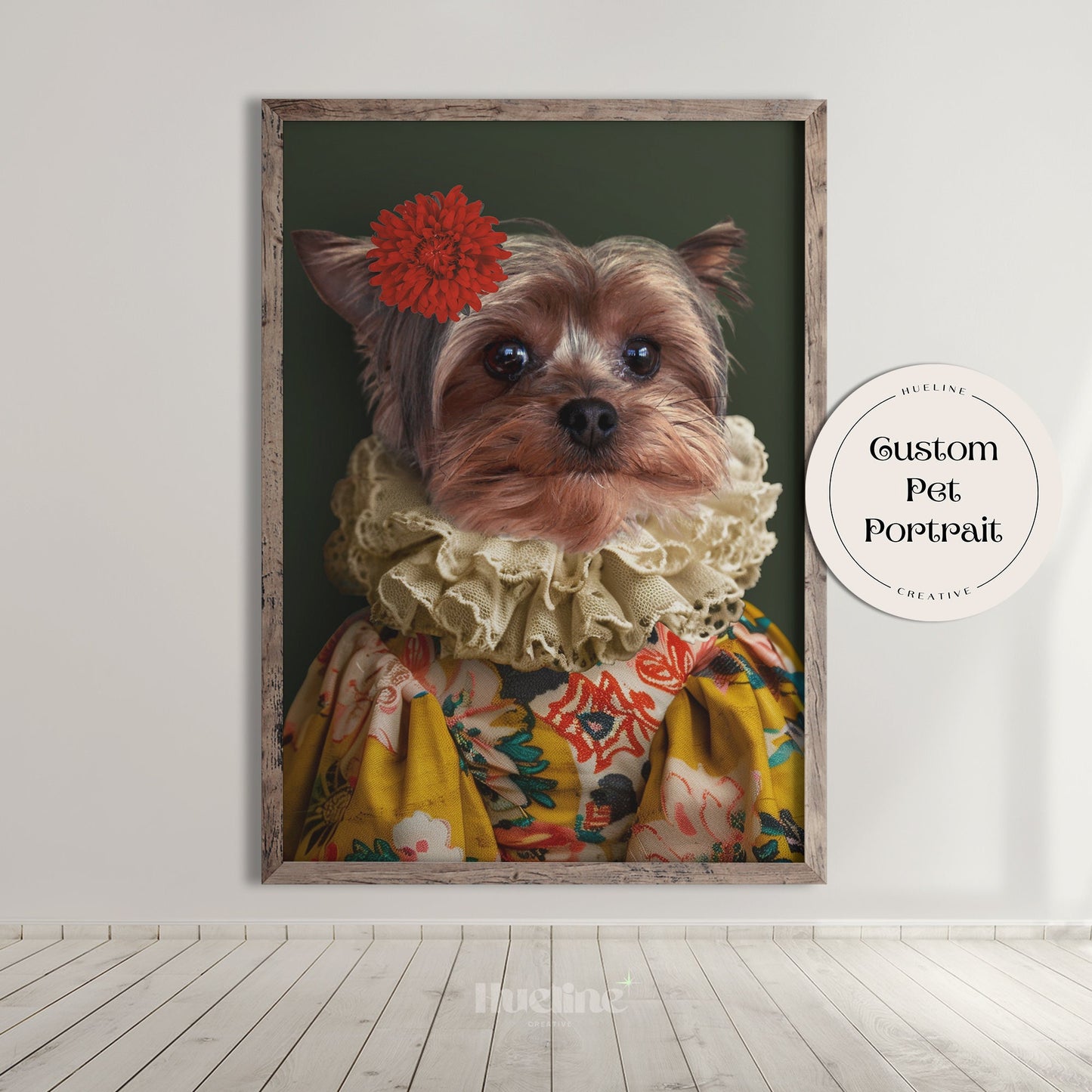 Custom Pet Portrait: Vintage Floral Dress, Ruffle Collar, Whimsical Dog Art