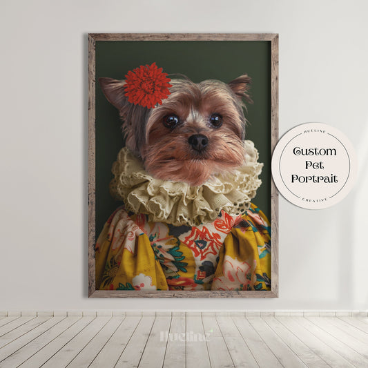 Custom Pet Portrait: Vintage Floral Dress, Ruffle Collar, Whimsical Dog Art