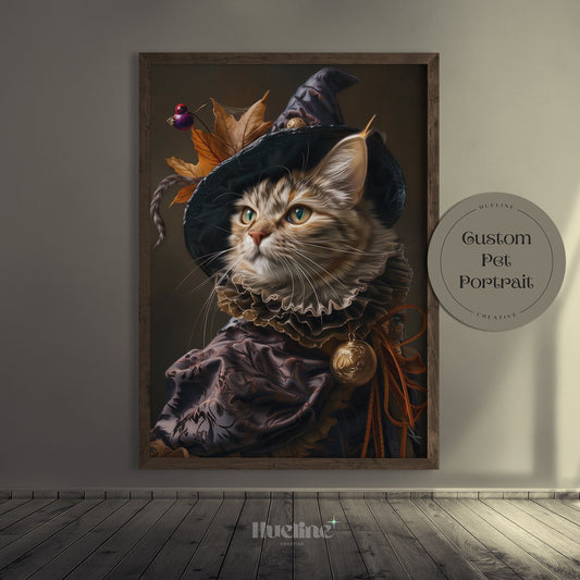 Custom Gothic Pet Portrait: Witch Hat, Dark Halloween Decor, Digital, Canvas or Poster