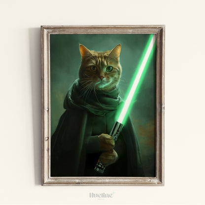 Custom Pet Portrait from Photo, Warrior Pet Galactic Defender with Green Saber Wall Art Funny Pet Birthday Gift Personalized Gift for Dad