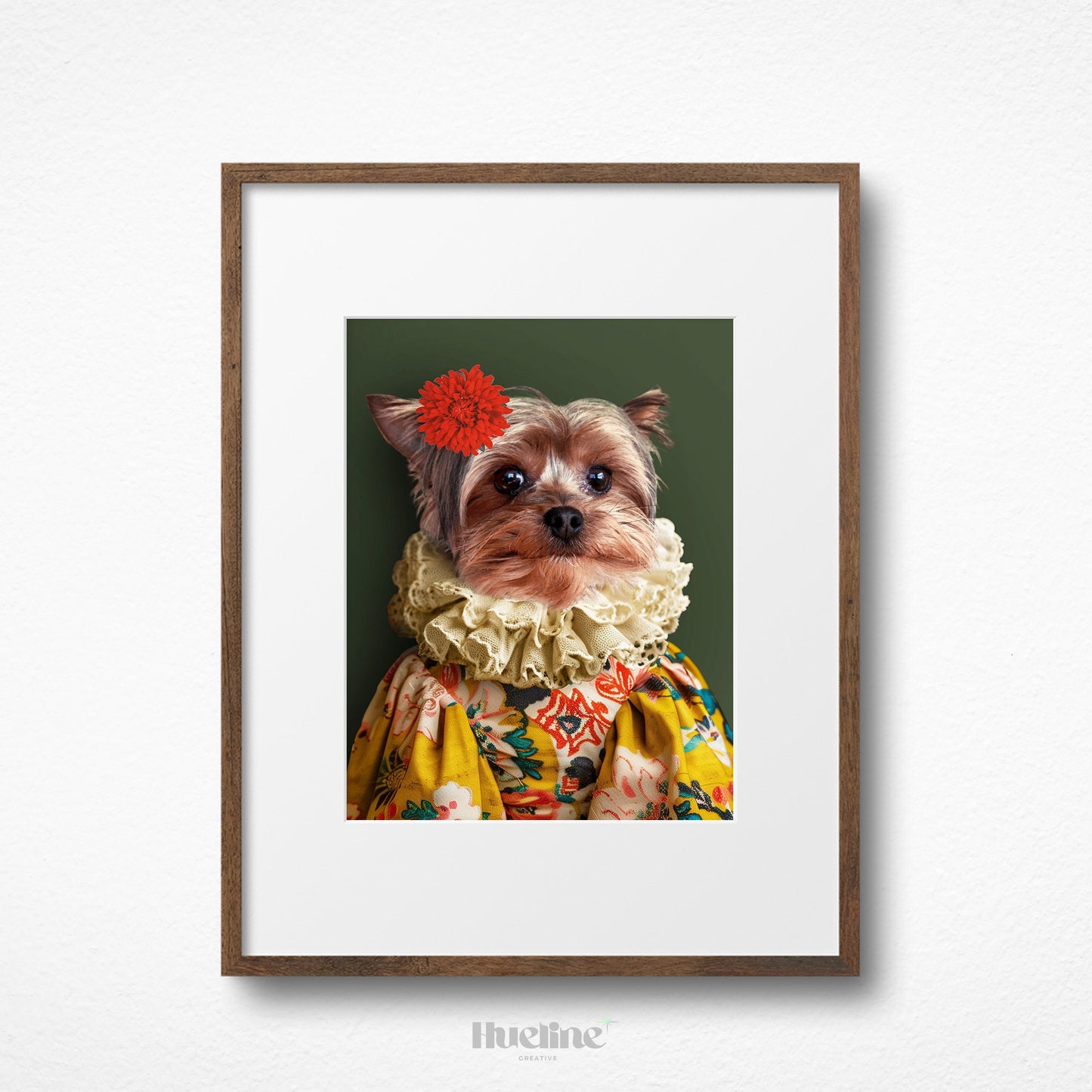 Custom Pet Portrait: Vintage Floral Dress, Ruffle Collar, Whimsical Dog Art