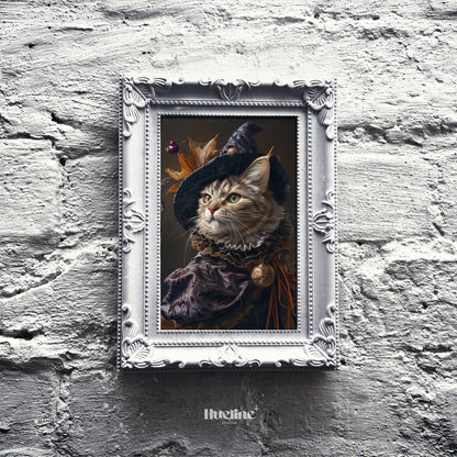 Custom Gothic Pet Portrait: Witch Hat, Dark Halloween Decor, Digital, Canvas or Poster