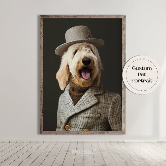 Custom Fashion Pet Portrait, Pet Couture Collection, Fashion Shoot Pet Portrait, Pet Custom with Hat, Funny Artist Pet, Graduation Pet Gift