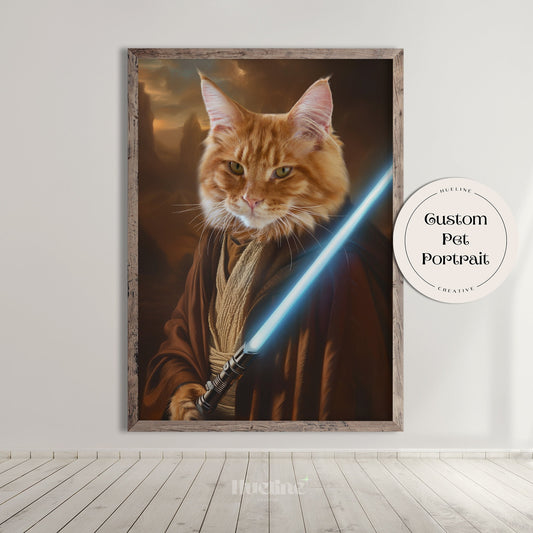 Custom Pet Portrait from Photo, Warrior Pet Obi-Paw with Blue Saber Wall Art Funny Pet Birthday Gift Personalized Gift for Dad