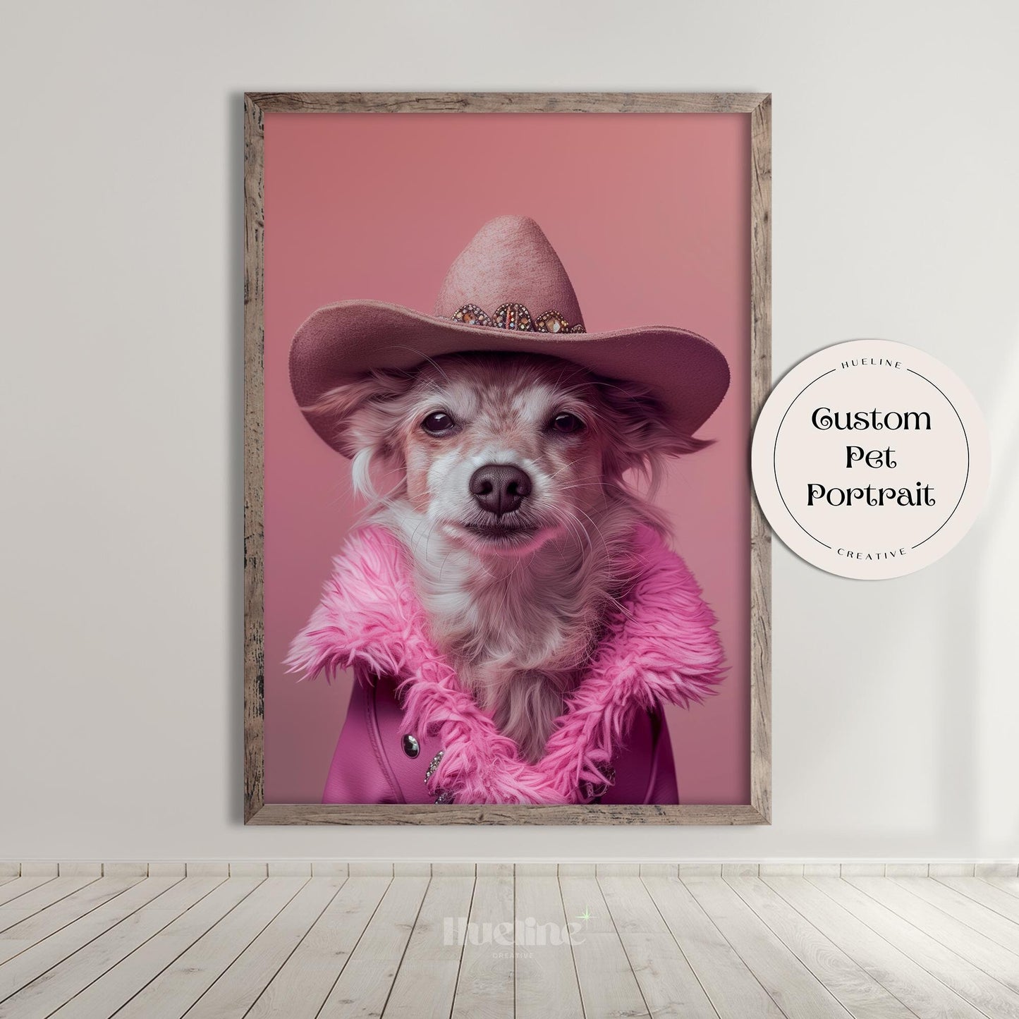 Custom Cowboy Pet Portrait: Western Dog Art, Pink Costume, Digital, Canvas or Poster