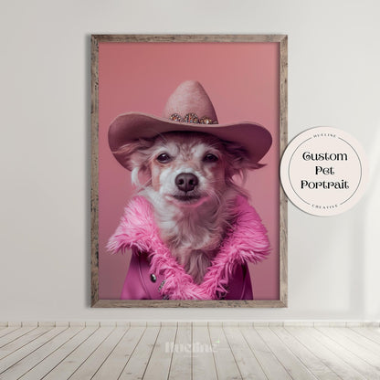 Custom Cowboy Pet Portrait: Western Dog Art, Pink Costume, Digital, Canvas or Poster