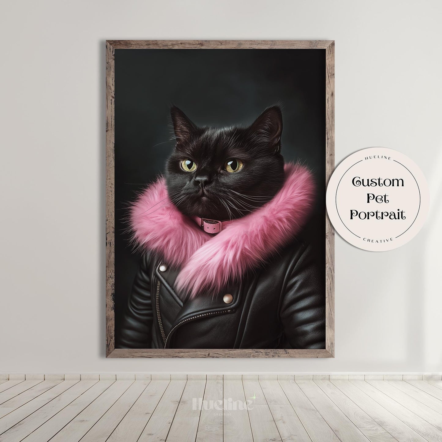 Custom Pet Portrait from Photo – Stylish Cat in Pink Fur Artwork, Personalized Pet Gift