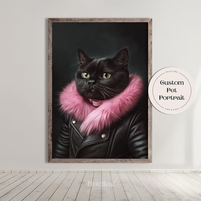 Custom Pet Portrait from Photo – Stylish Cat in Pink Fur Artwork, Personalized Pet Gift