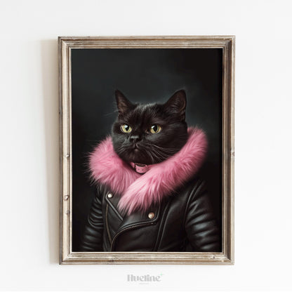 Custom Pet Portrait from Photo – Stylish Cat in Pink Fur Artwork, Personalized Pet Gift