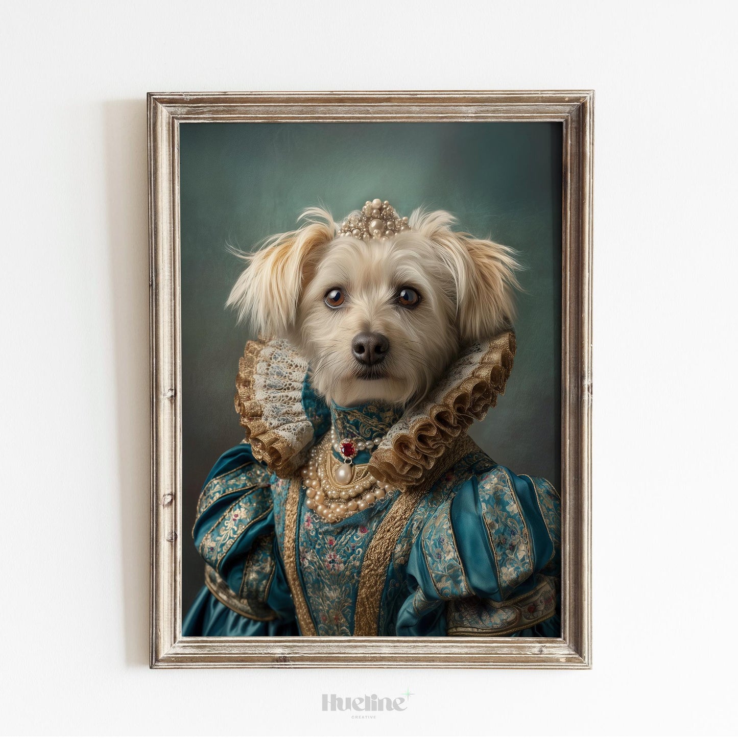 Custom Pet Portrait: Regal Dog Art in Royal Blue Dress Digital, Canvas or Poster
