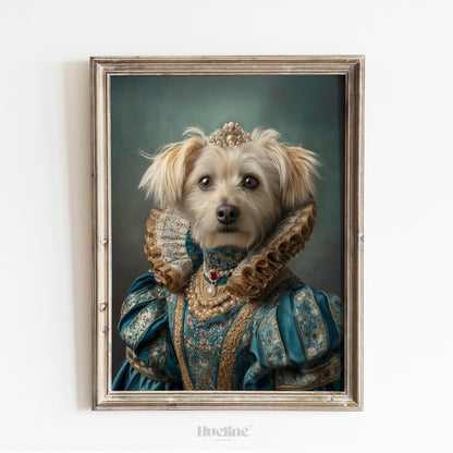 Custom Pet Portrait: Regal Dog Art in Royal Blue Dress Digital, Canvas or Poster
