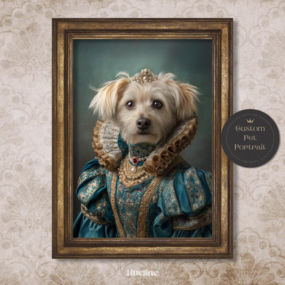 Custom Pet Portrait: Regal Dog Art in Royal Blue Dress Digital, Canvas or Poster