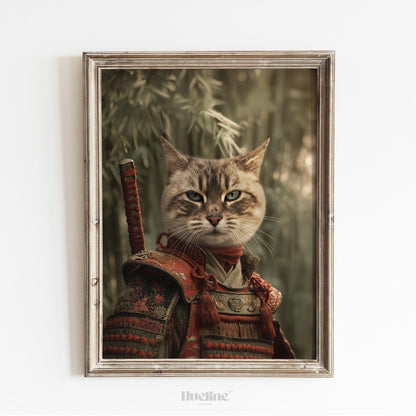 Samurai Cat Portrait: Regal Feline Warrior in Armor - Fantasy Pet Art