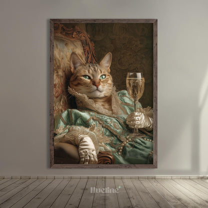 Custom Royal Cat Portrait: Vintage Green Gown, Champagne - Pet Art Gift