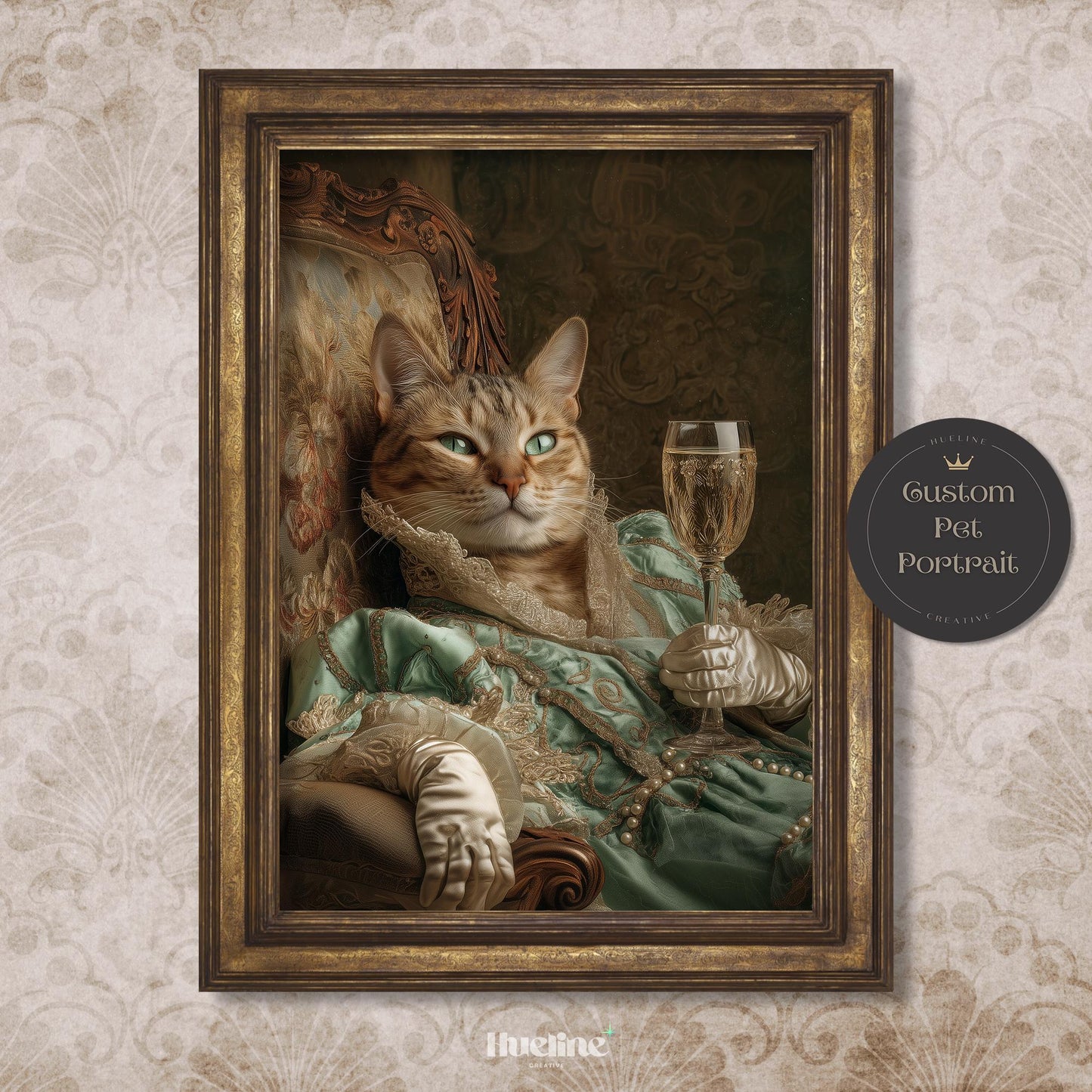 Custom Royal Cat Portrait: Vintage Green Gown, Champagne - Pet Art Gift