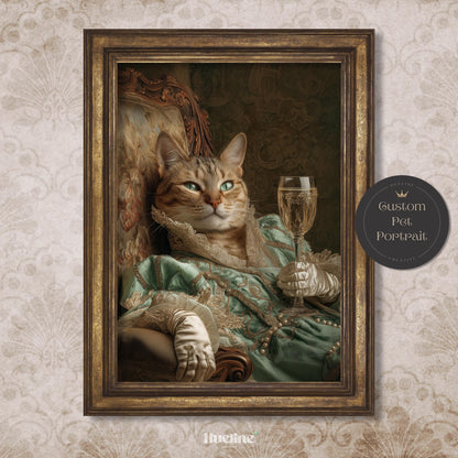 Custom Royal Cat Portrait: Vintage Green Gown, Champagne - Pet Art Gift