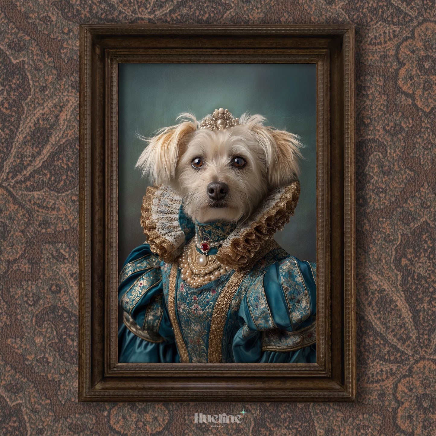 Custom Pet Portrait: Regal Dog Art in Royal Blue Dress Digital, Canvas or Poster