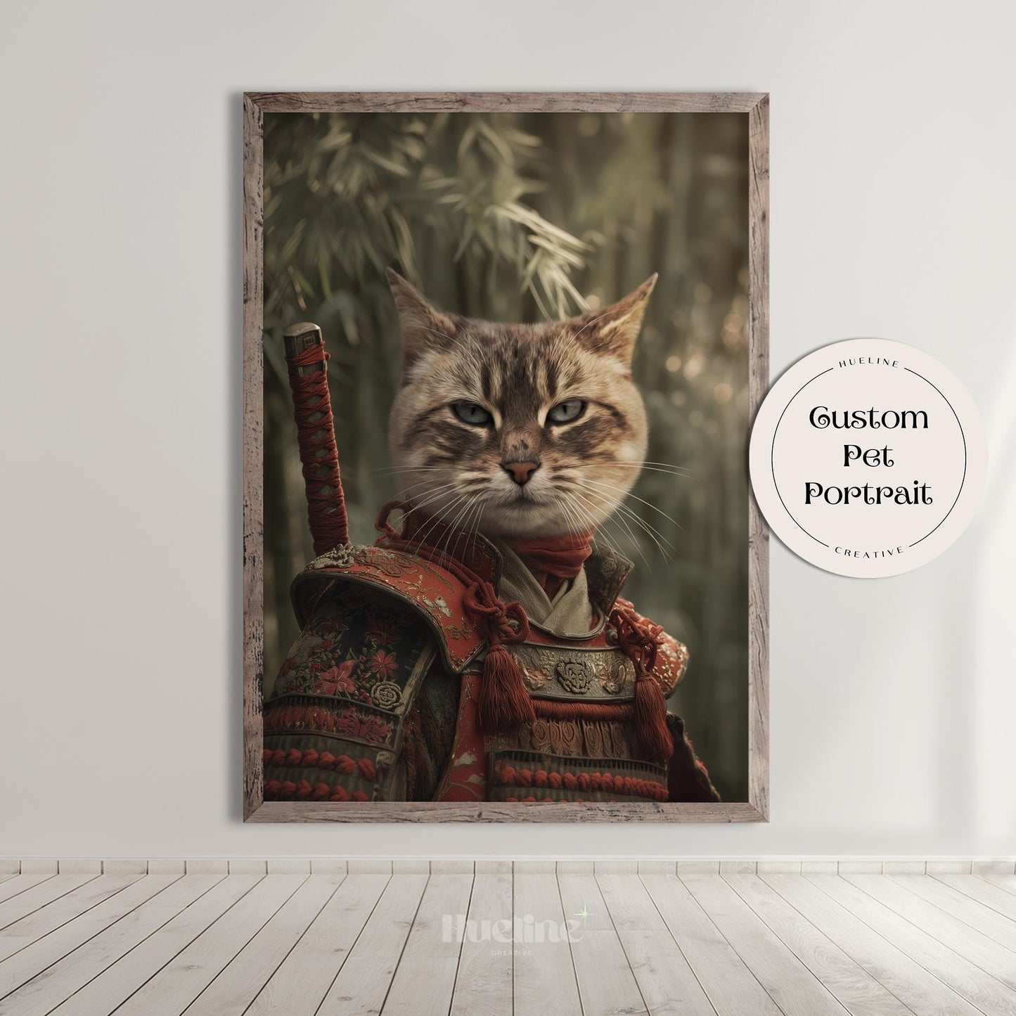 Samurai Cat Portrait: Regal Feline Warrior in Armor - Fantasy Pet Art