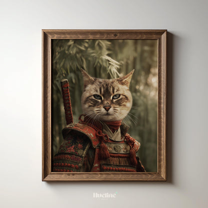 Samurai Cat Portrait: Regal Feline Warrior in Armor - Fantasy Pet Art