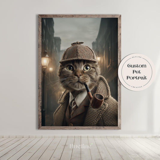 Detective Cat Portrait: Custom Vintage Pet Illustration, Gift for Cat Lovers