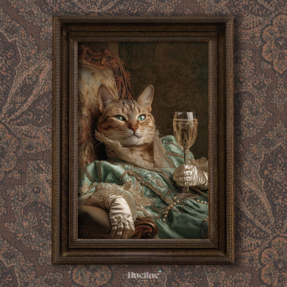 Custom Royal Cat Portrait: Vintage Green Gown, Champagne - Pet Art Gift