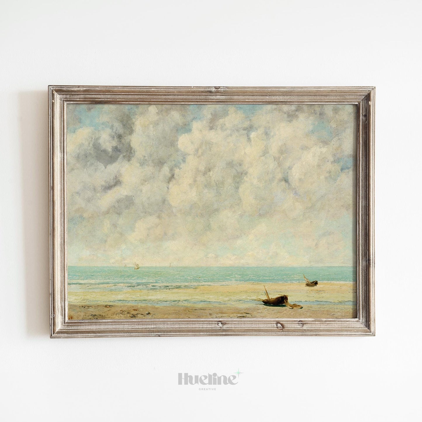 Vintage Coastal Wall Art – Seascape Painting with Boats on Shore - L1115